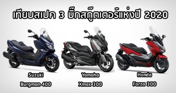 เทียบสเปค Suzuki Burgman 400 vs Yamaha Xmax 300 VS Honda Forza 300 forza300-xmax300-burgman400-comparison-cover-02